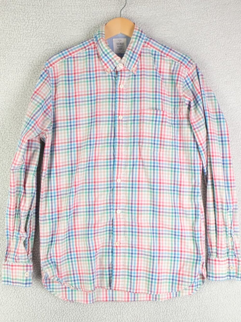 Thomas Mayes Shirt Mens Medium White Blue Pink Plaid Button Down Oxford Easter